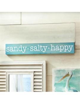 SANDY SALTY HAPPY WOODEN SIGN/TEAL WOOD PLAQUE